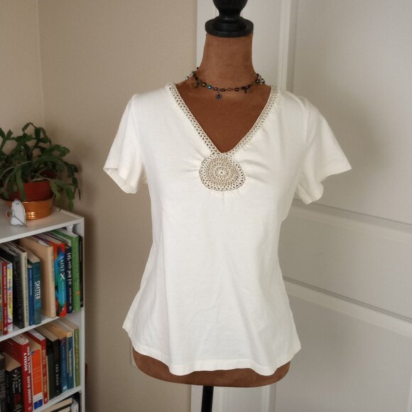 Y2K Boho Boxy Cream Crochet Embroidered Beaded Top – Liz Claiborne 2000s White - Picture 1 of 7